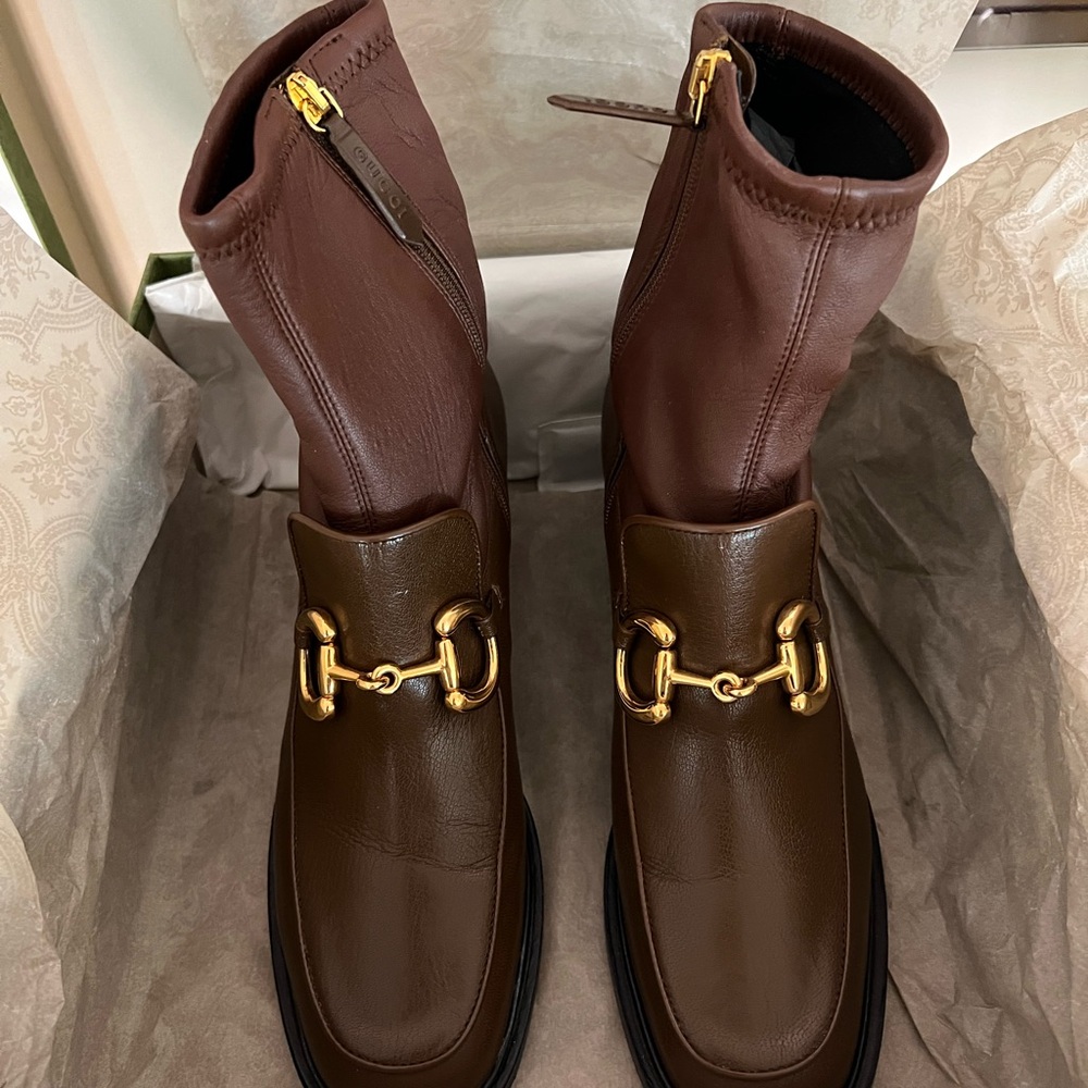 Gucci Brown Leather Boots with Gold Detail and block heels. Sole savers. Size 39